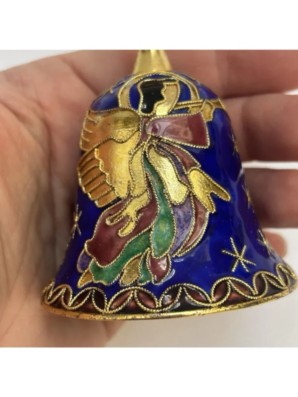 Vintage Enamel Cloisonne Bell Ornament Angel Blue Goldtone Collectible Christmas